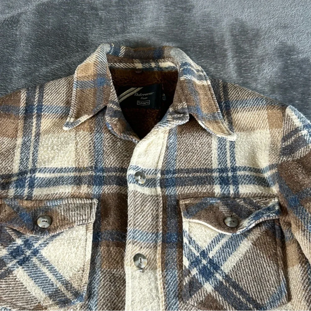 Vintage Sears Outerwear Jacket Mens Large Tan Plaid‎ Insulated Jacket 70s 80s
